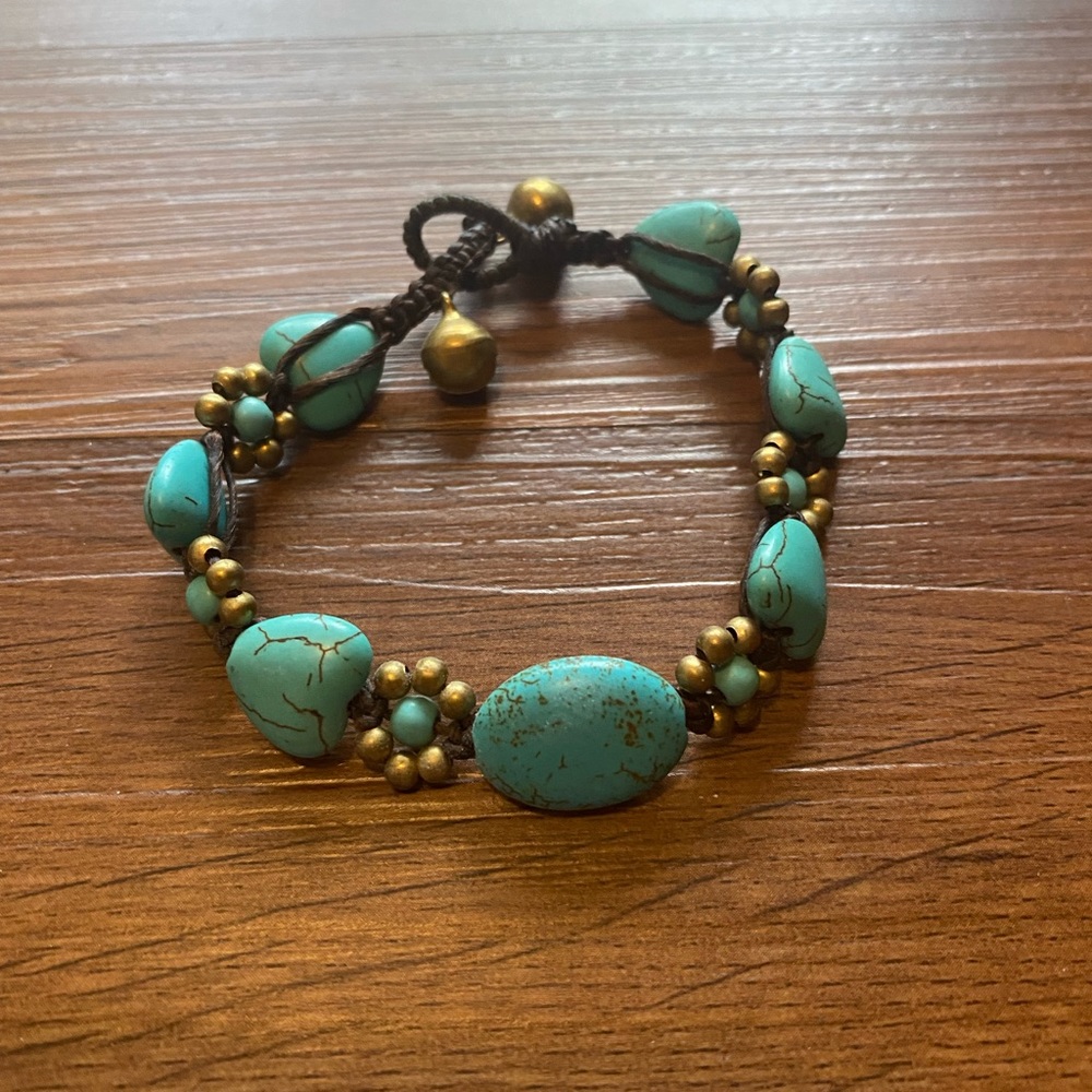 Turquoise brass and leather bracelet